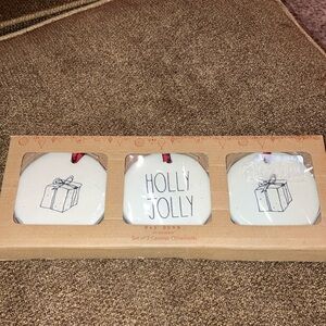 New in Box RaeDunn - HOLLY JOLLY - set of 3 white round flat ornaments